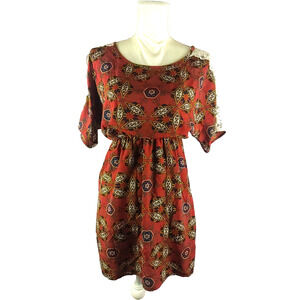 Pink Owl Women's Tunic Dress Size Medium Oversized Red Paisley Print Peasant...